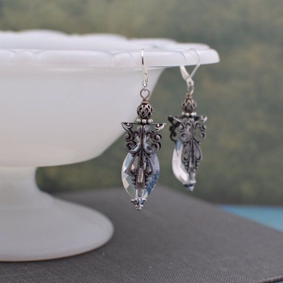 Silver Filigree and Crystal Angel Earrings - Picture 2 of 2